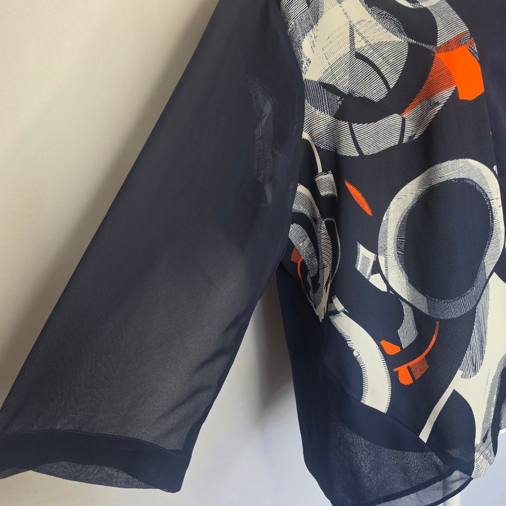 Chicos Navy Abstract Print Asymmetric Zip Blouse Sheer Sleeve size 2 - Picture 4 of 16